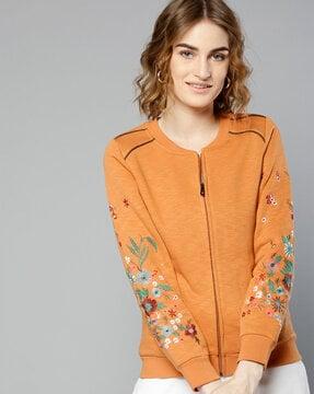 floral embroidered zip-front sweatshirt