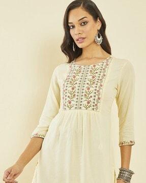 floral embroidererd round-neck flared tunic