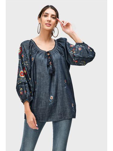 floral embroidery cotton chambray tassel tie tunic