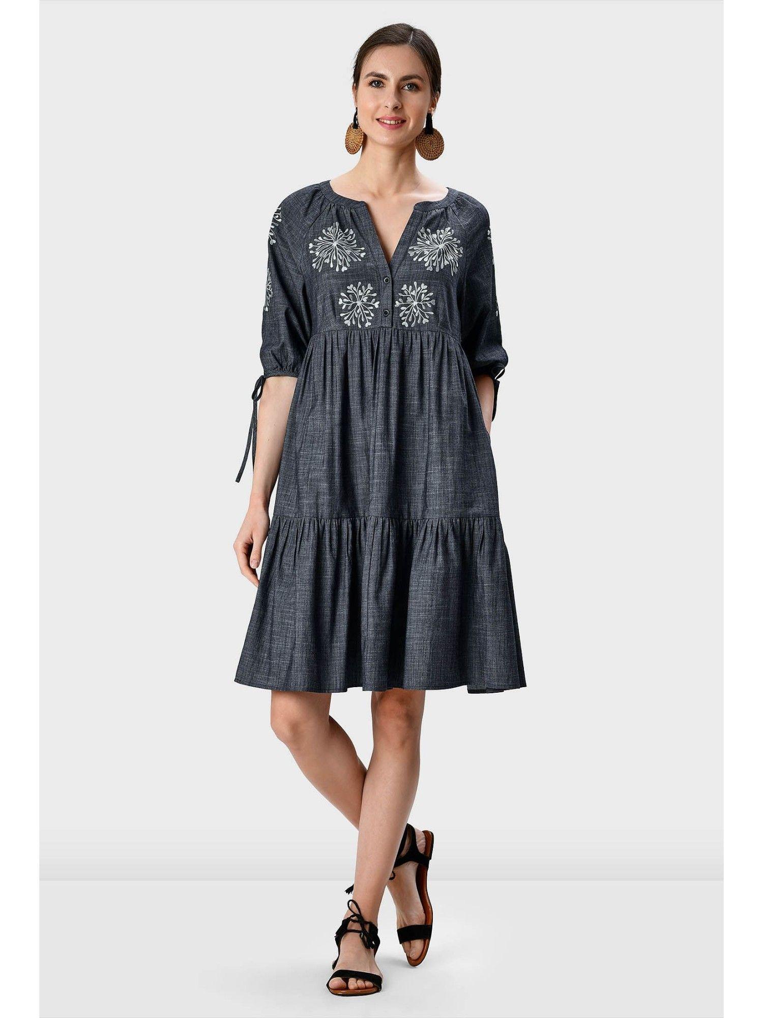 floral embroidery cotton chambray tiered shift dress
