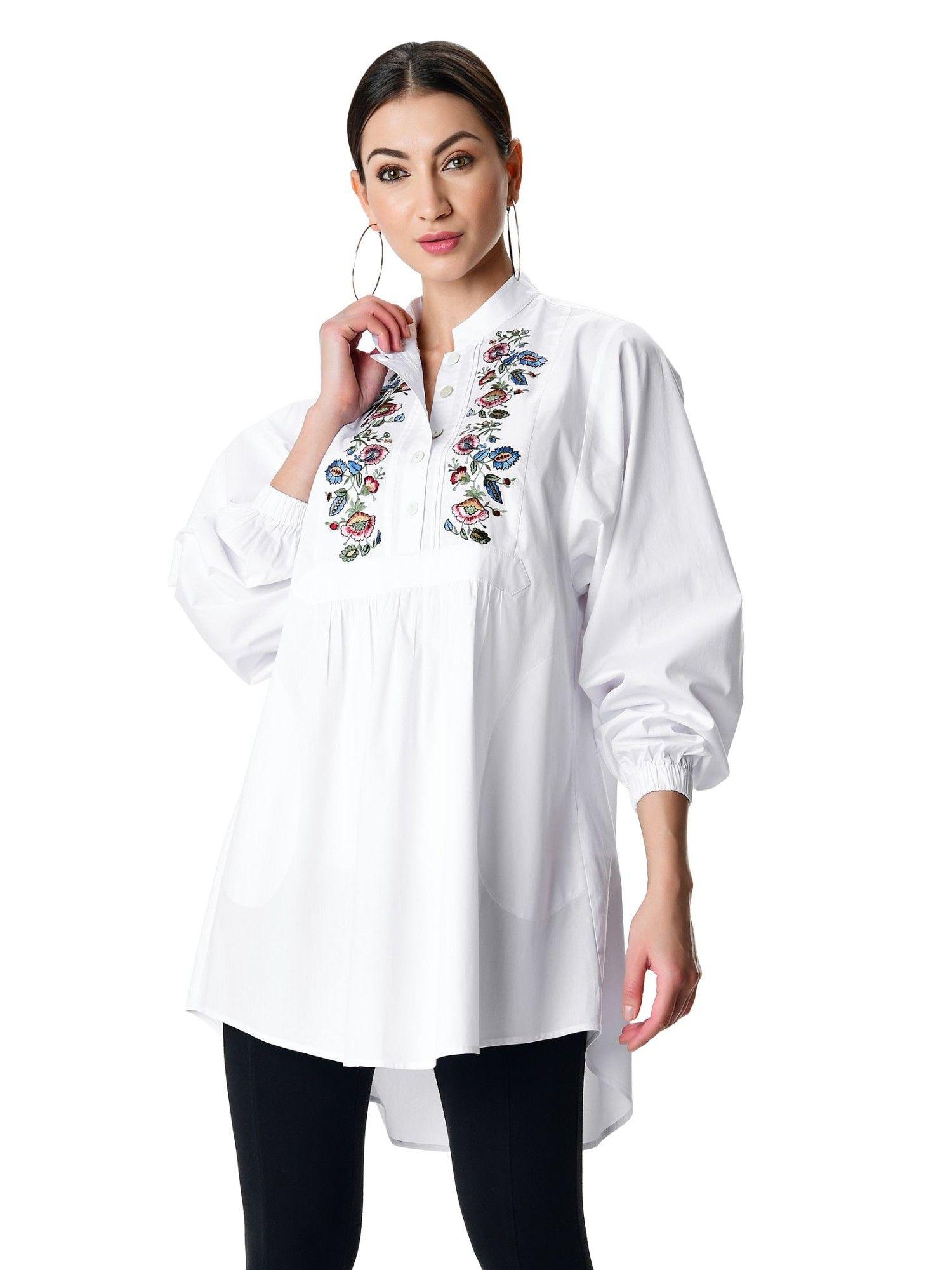 floral embroidery cotton poplin high-low tunic