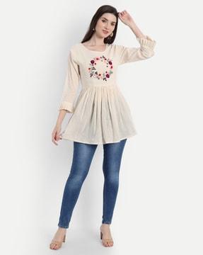 floral embroidery flared tunic