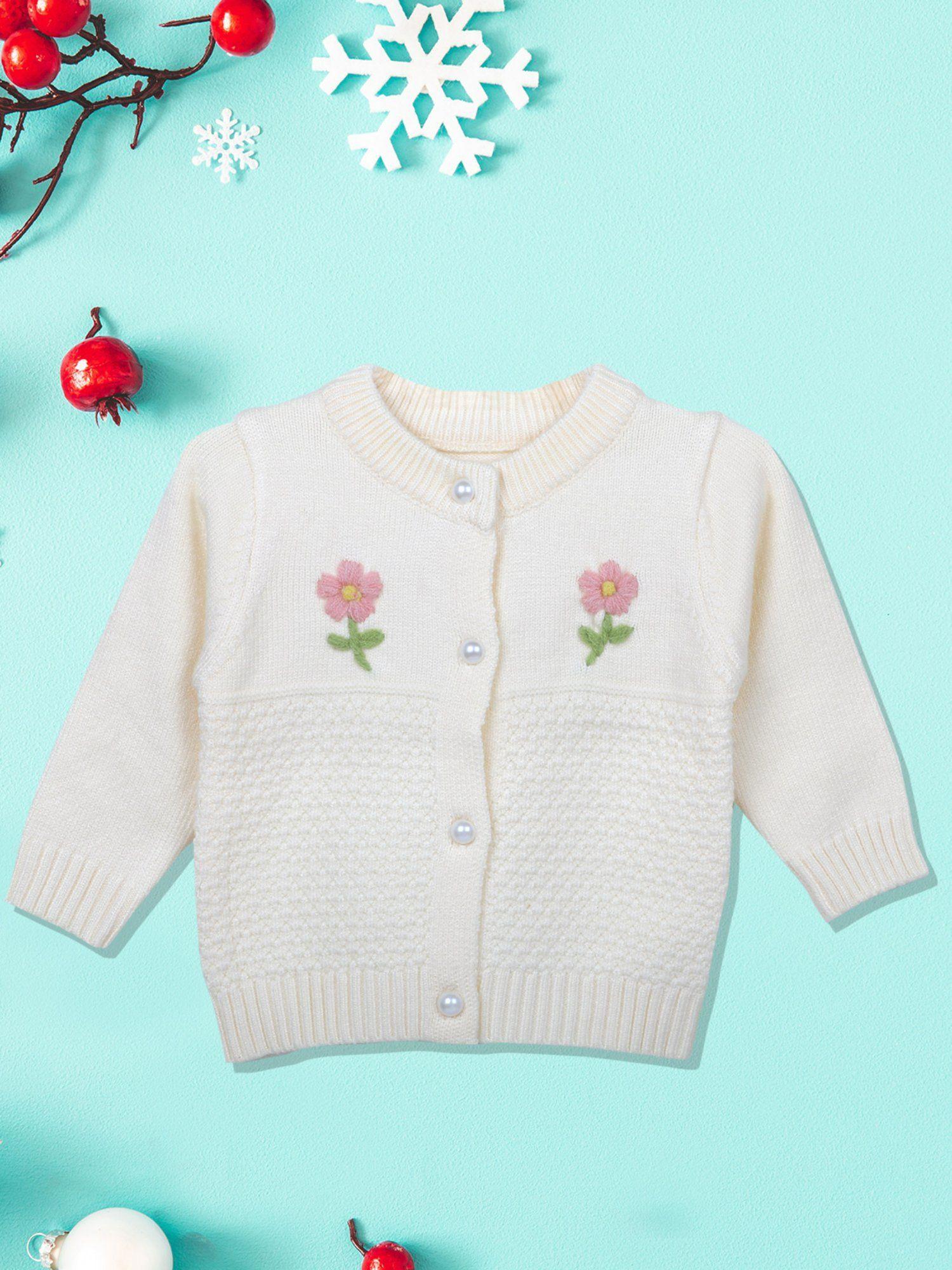 floral embroidery premium full sleeves knitted sweater off white