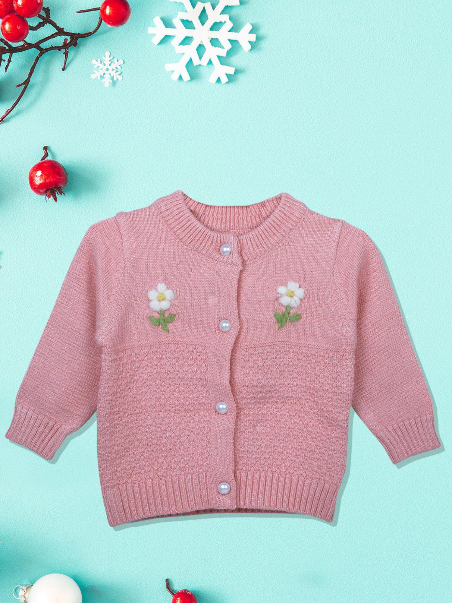 floral embroidery premium full sleeves knitted sweater pink
