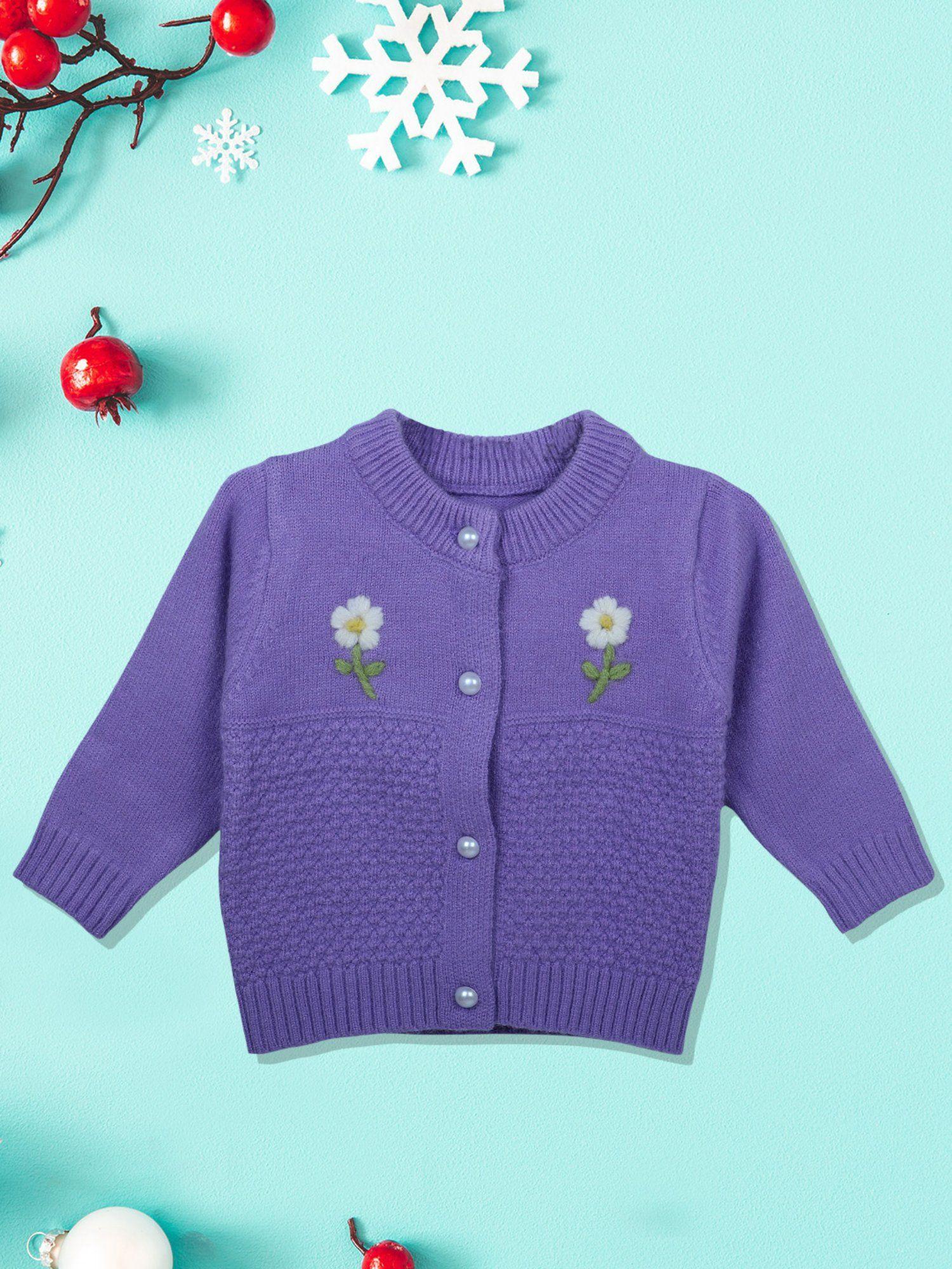 floral embroidery premium full sleeves knitted sweater purple