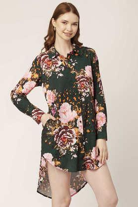 floral faux crepe collared women's top - dark green