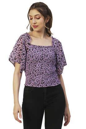 floral faux georgette square neck women's top - lavender