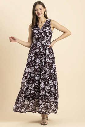 floral faux georgette v neck women's maxi dress - dark brown