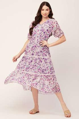 floral faux georgette v neck women's maxi dress - purple