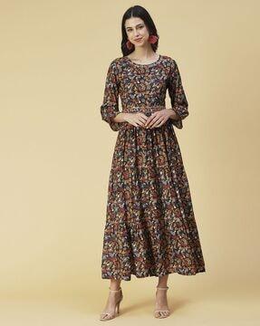 floral fit and flare maxi dress with belt