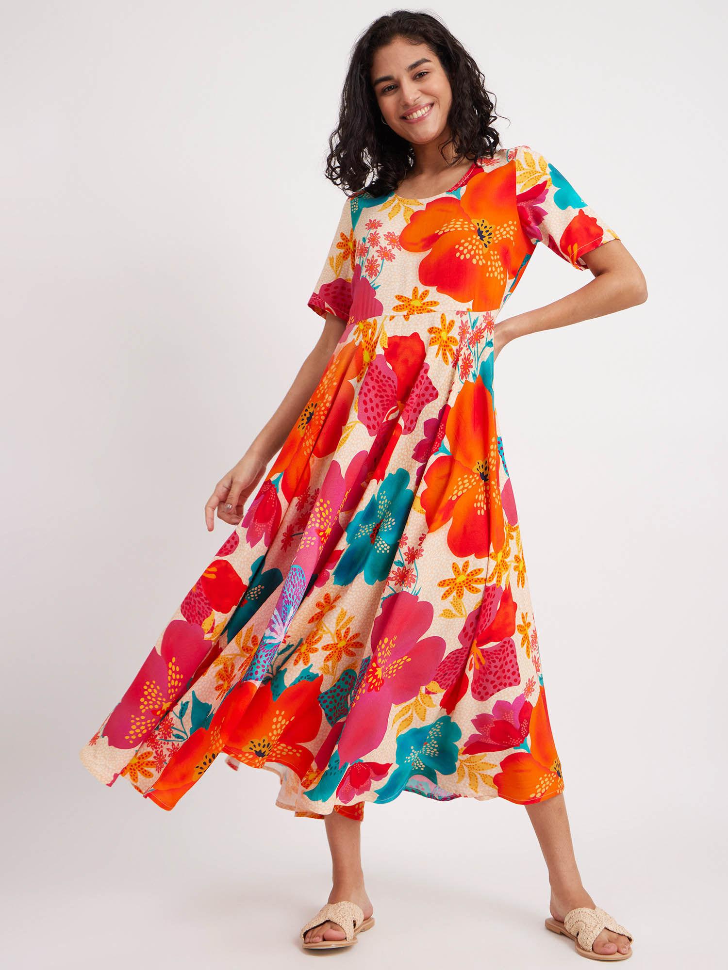 floral flared a-line dress multi-color