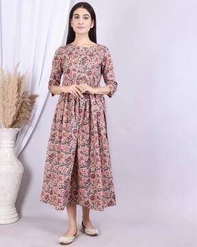 floral flared kurta with round neck