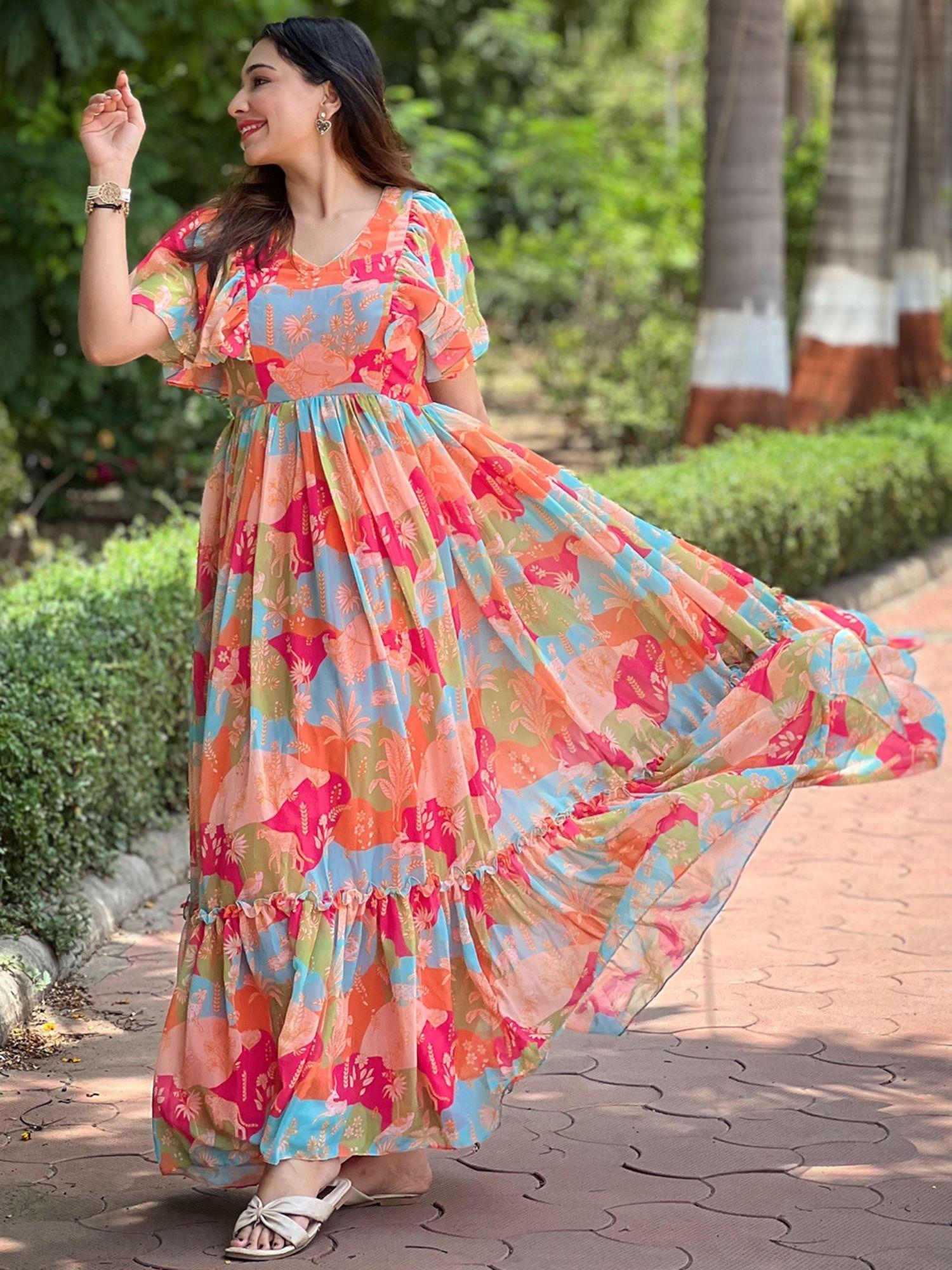 floral flared multi colour flary dress