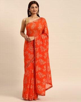 floral foil print saree with lace border