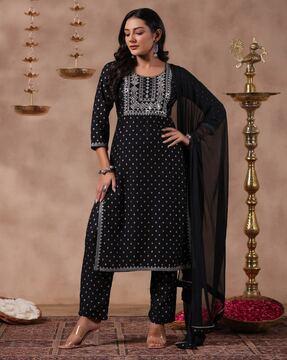 floral foil print straight kurta with pants & dupatta