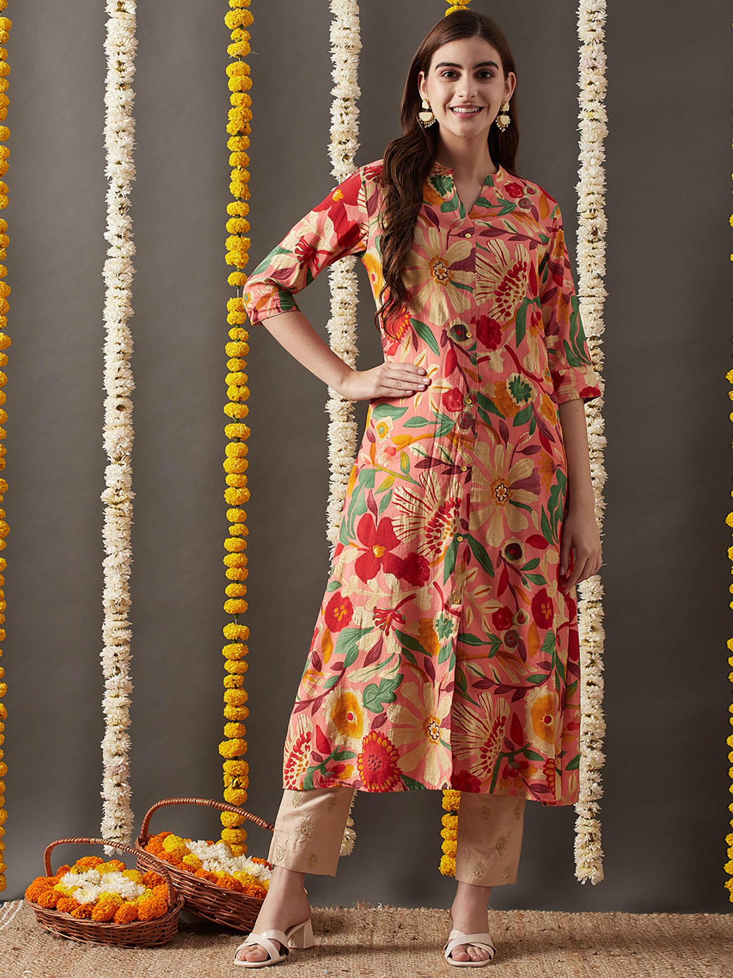 floral foil printed a-line kurta - peach & multi