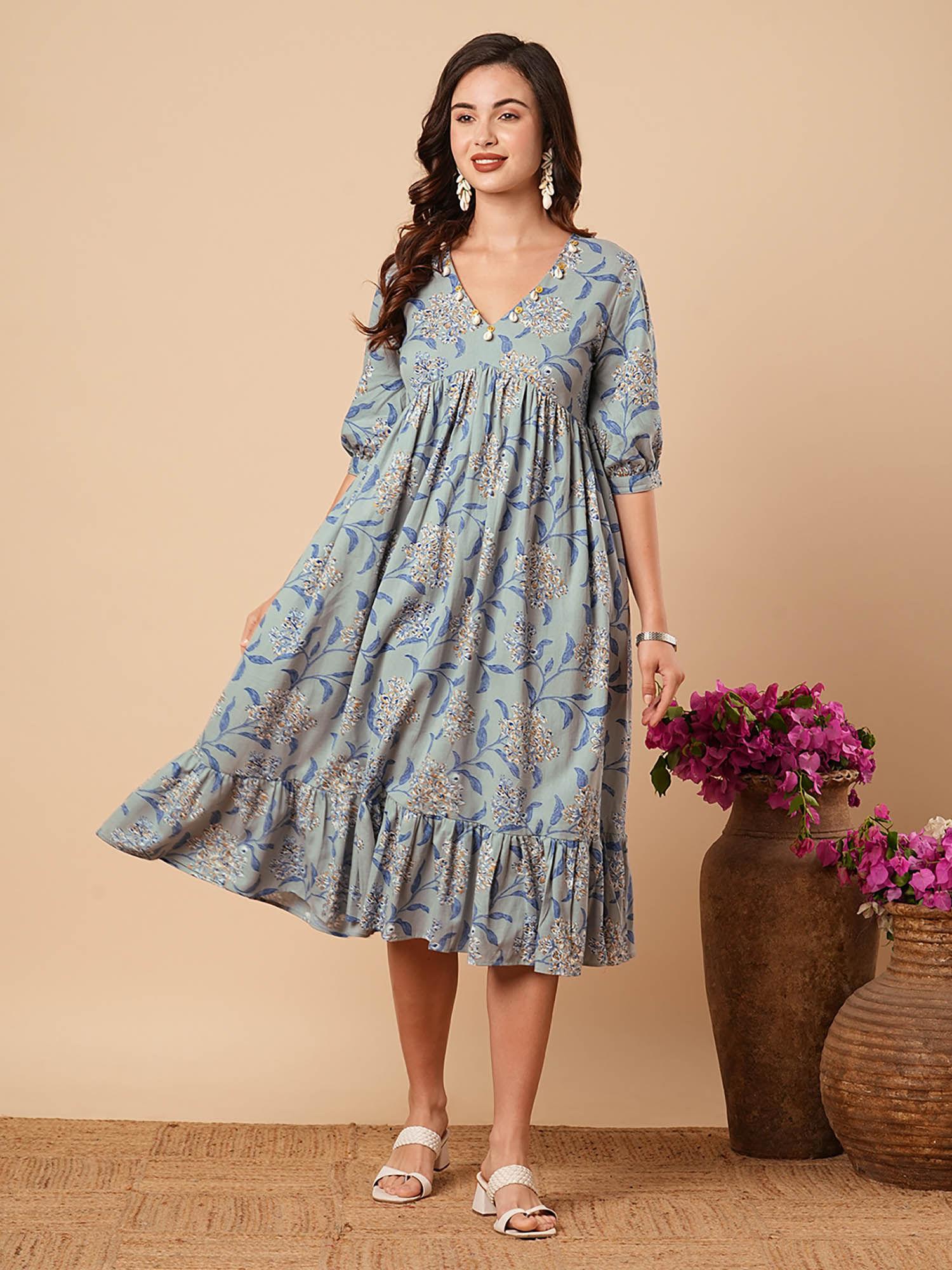 floral foil printed a-line pleated midi dress - blue