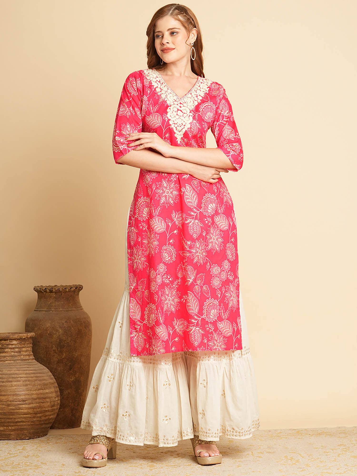 floral foil printed and chikankari embroidered straight fit kurta - pink