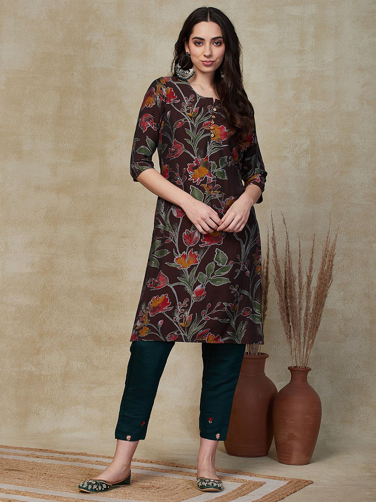 floral foil printed straight fit kurta - brown