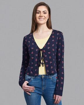 floral front-open cardigan