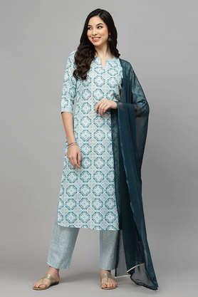 floral full length cotton blend woven women's kurta pant dupatta set - blue