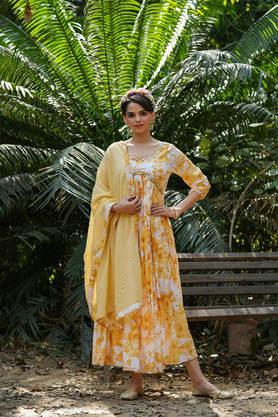 floral full length cotton woven women's gown - yellow