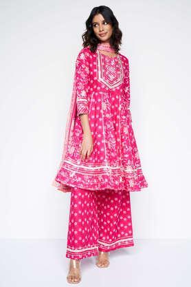 floral full length cotton woven women's kurta pant dupatta set - pink