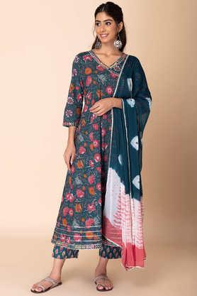 floral full length cotton woven women's salwar kurta dupatta set - blue