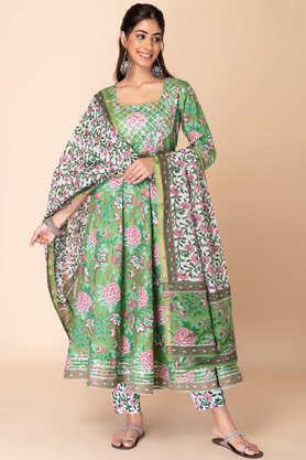 floral full length cotton woven women's salwar kurta dupatta set - green