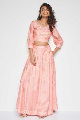 floral full length polyester woven women's co-ord set - pink