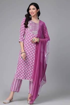 floral full length rayon women's kurta set - purple