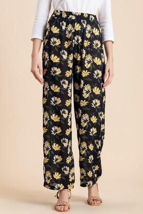 floral full length rayon women's palazzo - black