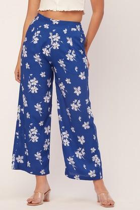 floral full length rayon women's palazzo - mid blue