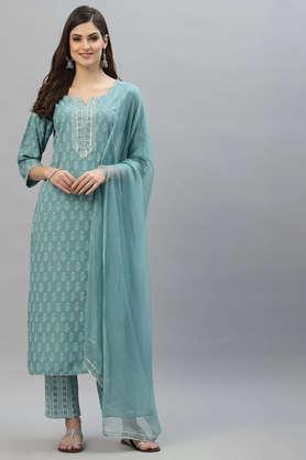 floral full length rayon woven 's kurta pant dupatta set - blue