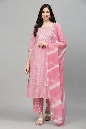 floral full length rayon woven 's kurta pant dupatta set - pink