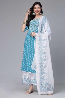 floral full length rayon woven women's kurta pant dupatta set - turquoise