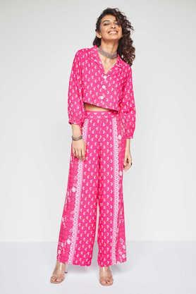 floral full length viscose woven women's co-ord set - pink