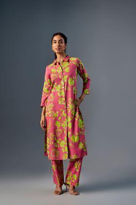 floral full length viscose woven women's kurta set - pink