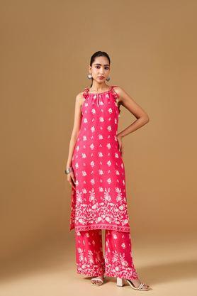 floral full length viscose woven women's kurta set - pink