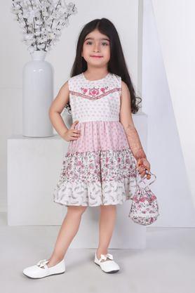 floral fusion collection floral viscose round neck girls casual wear dress with purse - cream