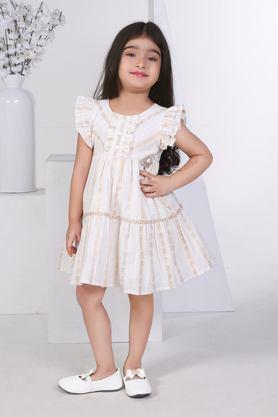 floral fusion collection solid cotton round neck girls casual wear dress - cream