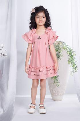 floral fusion collection solid polyester round neck girls casual wear dress - peach