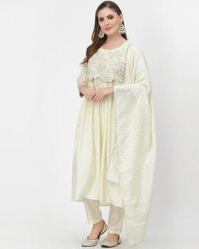 floral gathered cut work kurta with trousers & dupatta