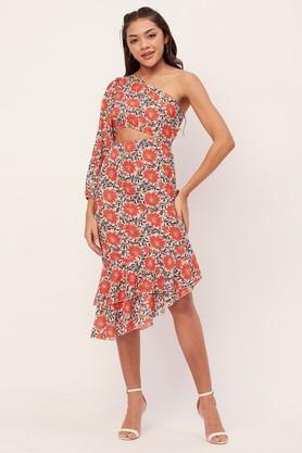 floral georgette asymmetric women's maxi dress - orange