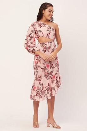 floral georgette asymmetric women's maxi dress - peach