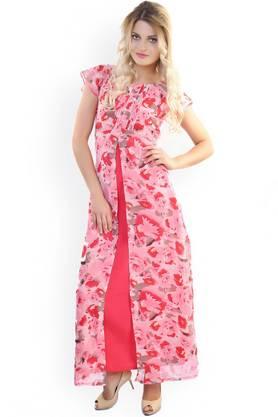 floral georgette boat neck women's knee length dress - pink