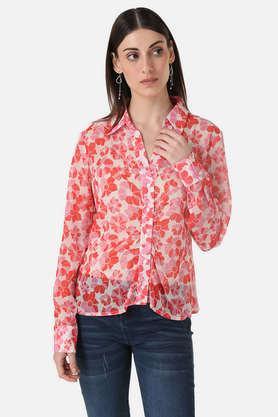 floral georgette collar neck women's shirt - peach