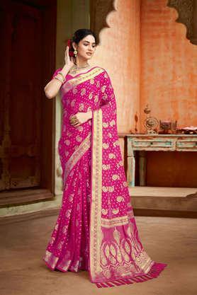floral georgette festive wear women's saree with blouse piece - pink