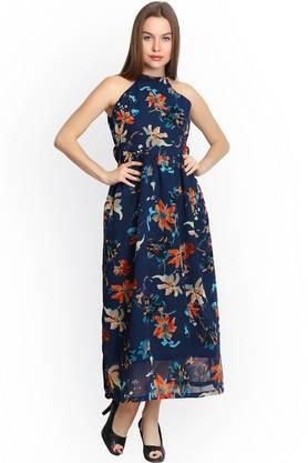 floral georgette halter neck women's knee length dress - multi