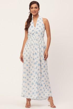 floral georgette halter neck women's maxi dress - white